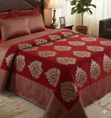 Image of Fresh from Loom Chenille 500 TC Double Bedsheet, Dimas Print Design with 2 Pillow Covers, Bedsheet Set for Bedroom Styling, Soft Touch Breathable Bedding, 90x100 Inches | Jhumka Maroon | Chenille