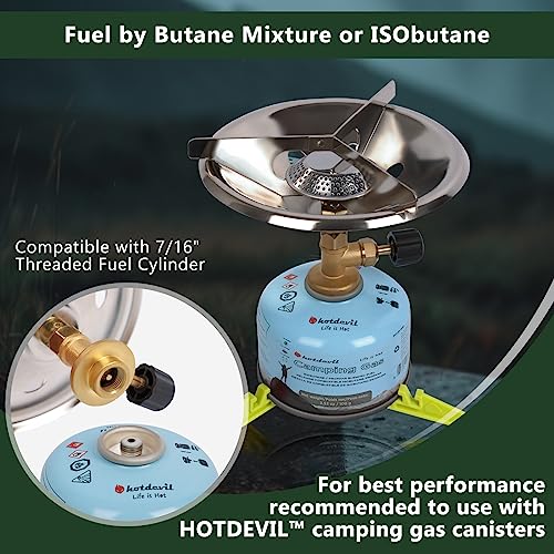 Image of Hotdevil Portable Camping Stove Burner With Fuel Can Canister Stand equivalent to Bottletop Propane Camping Stove Single Burner Backpack Stove with Adjustable Stand (Gas Canister Not Included)