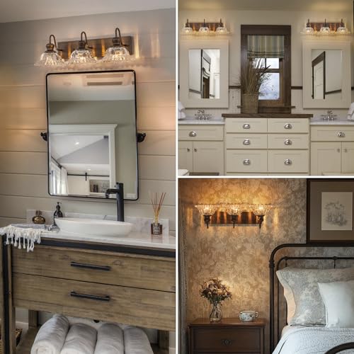 Image of EDISLIVE ORB 3-Light Vintage Vanity Light for Bathroom Bath Wall Light Fixture with Clear Flower Glass Shades 25 inch E26 Antique Wall Sconce for Bedroom Hallway Living Room Vanity Mirror