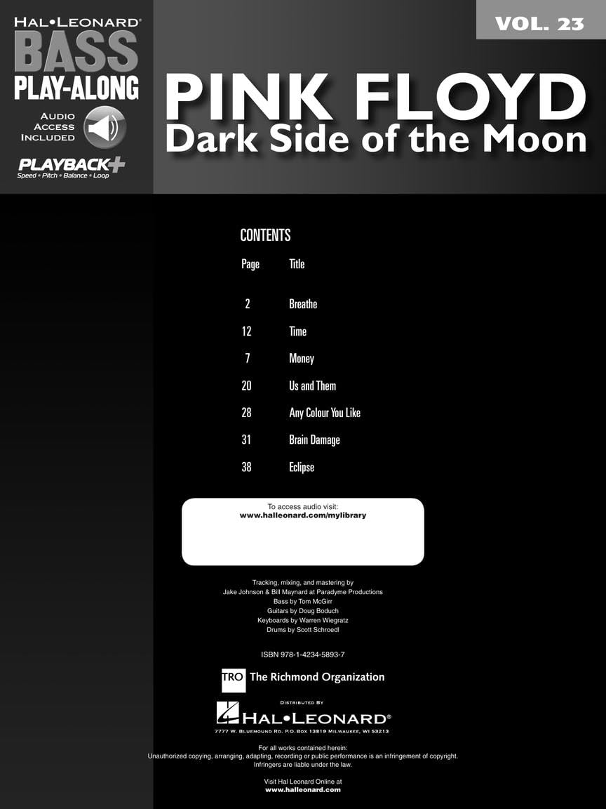 Pink Floyd - Dark Side of the Moon. Solo pour Guitare Basse. Comprend Enregistrement(s) en ligne