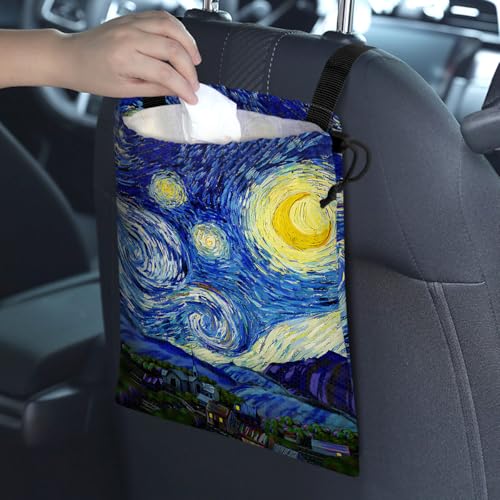 Image of Car Trash Bag Hanging Back of Seat Waterproof Small Cute Printed One-Handed Strap Drawstring Garbage Bags for Car-Starry Night