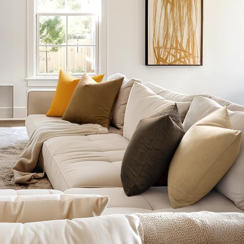 Image of 5 Piece Velvet Cushion Cover, Beige, 12x12 inch | Soft Solid Decorative Throw Square Pillow Cases Modern Luxury Home Decor for Couch Sofa Bedroom Livingroom