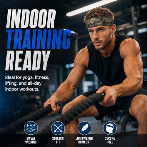 Image of 9 pcs Sweatbands for Men Workout Sport Headbands for Men Camo Headband Sweat Absorbing Headband Wide Sweatband for Head Basketball Football Cycling Running Yoga, 4.7 x 9.8 Inch