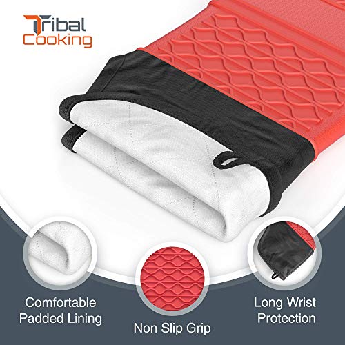 Tribal Cooking Extra Long Oven Mitts - Silicone Oven Mitt Set - Heat Resistant Mittens and Pot Holders - Silicone Kitchen Baking Gloves - Heat Resistance to 500 Degrees, Non Slip, Double Layered