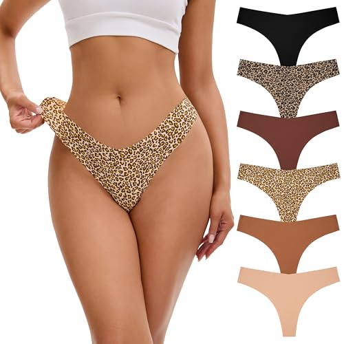 INNERSY String Damen Nahtlos Seamless Unterwäsche Sexy Tangas Unsichtbarer Thong Slip Mehrpack 6 (L, 2 Leopard/4 Unifarben)