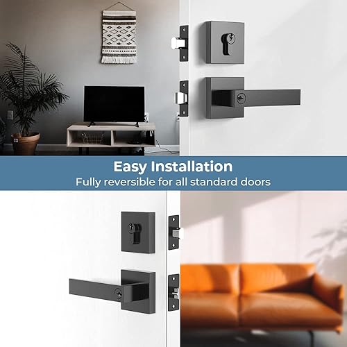 Miniatura 7 de SAGAIOT Juego de 1 palanca de entrada con llave para puerta delantera y cerrojo de cilindro único, manija de entrada exterior con llave igual, color