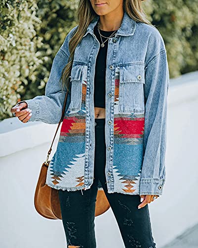 chouyatou Women's Ethnic Aztec Geometric Pattern Frayed Denim Jean Jacket Shackets4