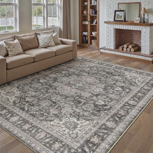 8x10 Washable Black Grey Vintage Area Rug for Living Room Bedroom Large Traditional Low Pile Carpet Non-Slip Retro Distressed Accent Vacuumable Throw Rug for Dining Room Indoor