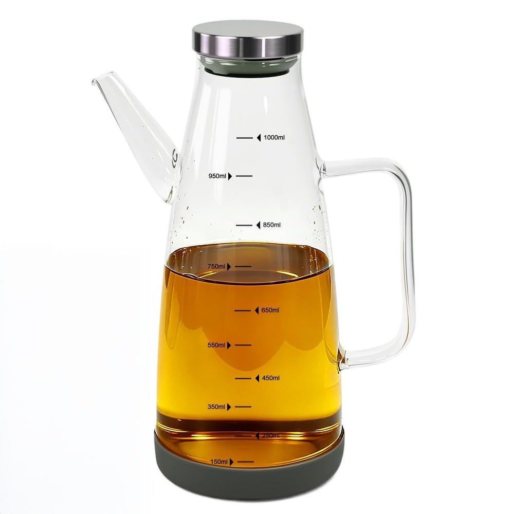 Aceitera Cristal Antigoteo 1L Botella Dispensador de Aceite Oliva con Asa y Base Silicona Antivuelco Vinagreras Cocina Grande para Garrafa Rellenable Formato Familiar Antideslizante Ahorro Medida