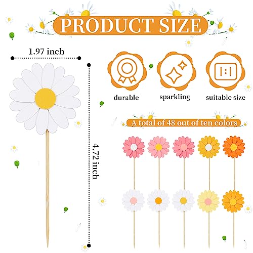 Henoyso II-HENOYSO-230713 48 Pcs Daisy Cupcake Toppers Groovy Flower Cake Topper Daisy Cake Decorations Daisy Flower Cake Picks thumb #2