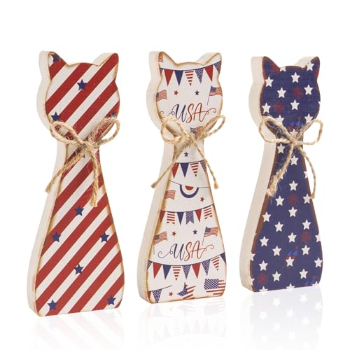 Wepagview 3Pcs 4th of July Table Decorations, Wooden Patriotic Red White Blue Stars and Stripes Cat Decor, American Independence Day Indoor Tabletop Tiered Tray Shelf Desk for Home Cat Lovers Gifts