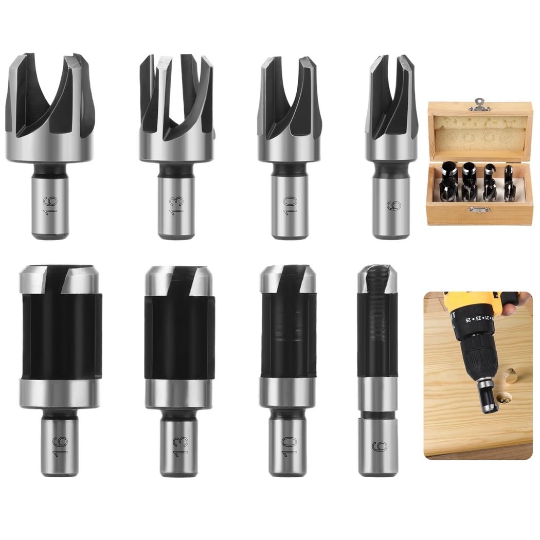 Joyibay 8 Pcs Wood Plug Cutters, 1/4", 3/8", 1/2", 5/8" Drill Bit Set with Wooden Box, Straight and Tapered Cutting Tools for Woodworking, Carbon Steel Cork Drill Bit Kit