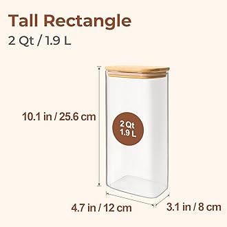 ComSaf 2 Qt Rectangle Glass Storage Containers with Lids, Glass Jars with Bamboo Lids, Clear Food Jar, Square Canister Set of 3, Pantry Organizers and Storage for Flour Pasta Coffee Bean