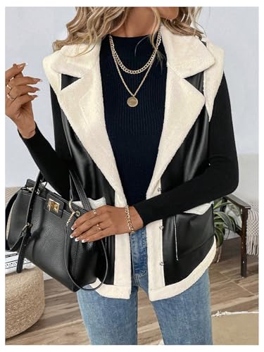 MakeMeChic Women's PU Leather Fuzzy Vest Open Front Sleeveless Pocket Warm Jacket3