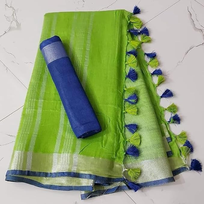 Image of STB-SILK TEXTILES BHAGALPUR Women's Linen Slub Saree With Contrast Blouse Piece