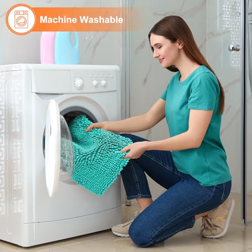 Image of Smiry Bathroom Rugs Sets 2 Piece, Soft Absorbent Chenille Machine Washable Non Slip Shaggy Bath Rug Set for Tub, Shower, and Floor (30x20+24x16, Turquoise)
