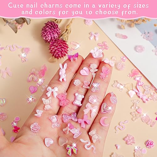 Aurora Bow Nail Charm 200Pcs 3D Multi Shapes Nail Charms Pink Mix Styles Butterfly Bow Flower Bear Lollipop Heart for Nail Art Decoration DIY Crafts Design Accessories - Image 3