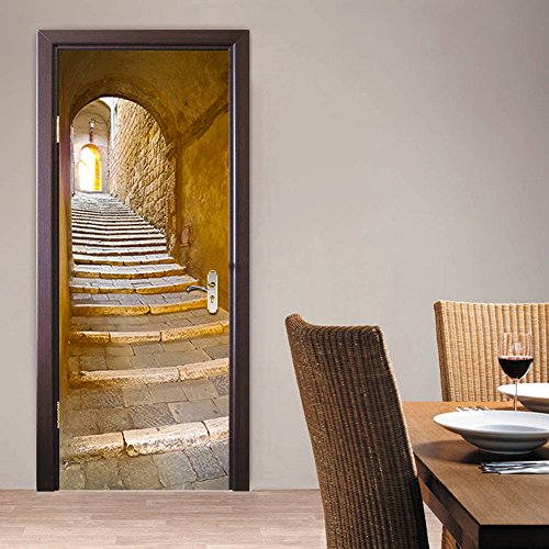 Chezmax 3D Stickers Waterproof Door Stickers Door Mural Self Adhesive Wallpaper Pvc Sticker Removable Wall Decal For Home Office Decoration Stone Steps Pattern 30.3" W X 78.7" H #TOP2
