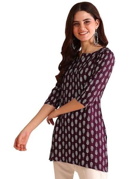 Image of Women's Short Kurti in Multicolor Rayon Cotton Blend | Ladies Ethnic Tunic | Office