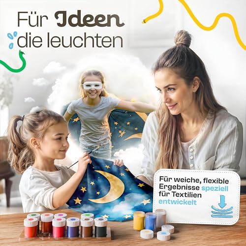 CreaTek Textilfarbe waschmaschinenfest 12 intensive Farben je 25ml + 2 Pinsel - echte Stoffmalfarben waschfest bis 40 °C - Stofffarben ideal für helle T-Shirts, Schuhe, Taschen - Fabric Paint Set