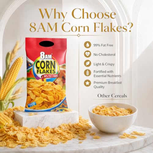 Image of 8AM Corn Flakes 500 Gram (Pack Of 2), 92% Corn, 99% Fat Free, No Cholesterol, Trans Fat, Artificial Additives, Vitamins B1, B2, B3, B6, B9, Iron, Calcium, Crunchy & Nutritious Cereal