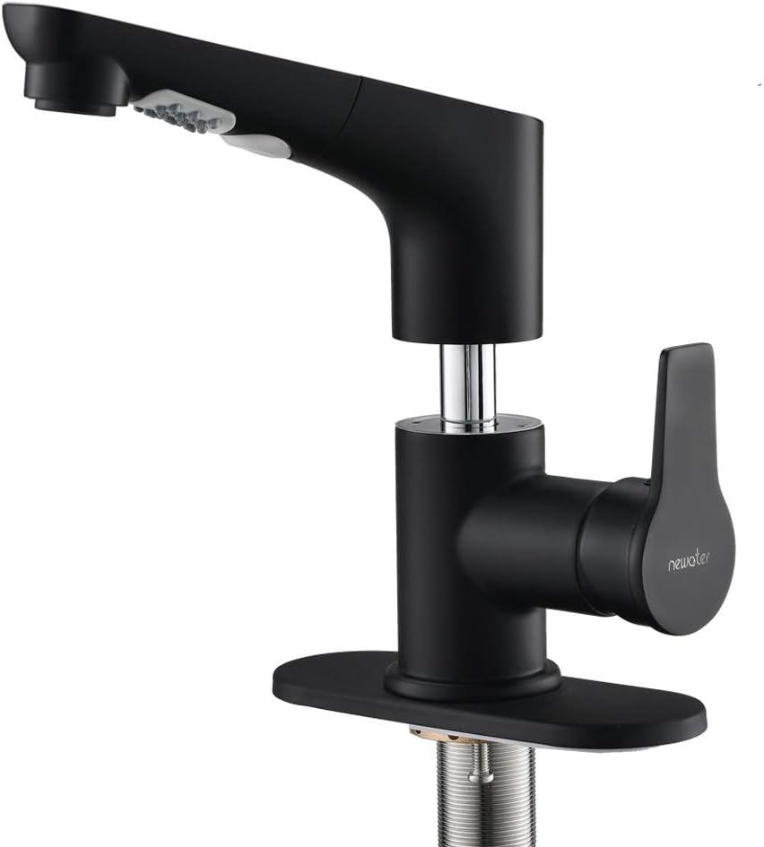 NEWATER Elevating height Bathroom Sink Faucet Basin Mixer Tap with Pull Out Sprayer Matte Black Single Handle