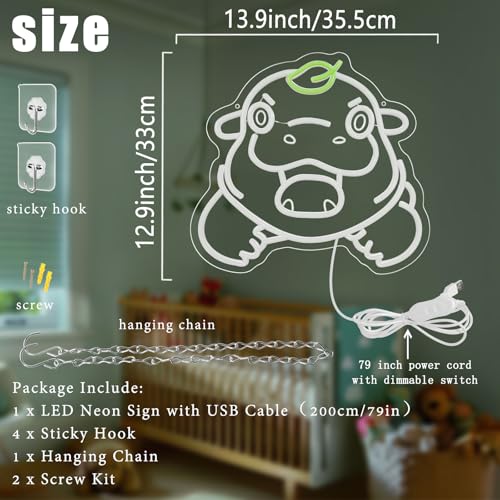 Image of Cute Hippo Neon Sign, Pygmy Hippo Neon Light Signs for Wall Decor, Dimmable Creative Hippopotamus Night Light with Green Leaf Led Signs for Kids Adults Fans Presents Living Room Bedroom Birthday Party