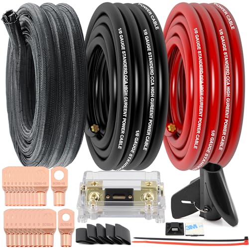 1/0 Gauge Wire Copper Clad Aluminum CCA (20Ft Each Black/Red) Primary Automotive Wire,250A ANL Fuse Holder with 40Ft 1/2