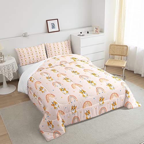Kawaii Dog Comforter Set For Girls,Cartoon Corgi Bedding Set Full Size Girly Rainbow Duvet Insert Cute Dots Heart Quilted Comforter,Funny Animal Unicorn Duvet Sets With 2 Pillowcases,Lightweight #TOP2