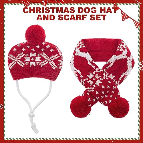 Image of Mihachi Dog Costumes Hat Scarf Set Knit Snowflake Reindeer Print 2 Pcs Winter Warm Clothes for Small Dogs Cats Red White