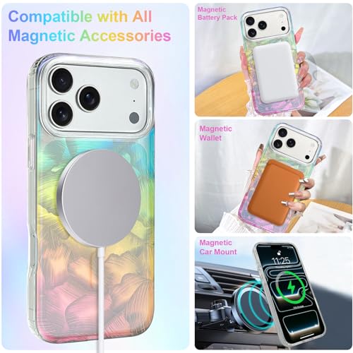 Image of AIGOMARA Cute Case for iPhone 17 Pro Case for Women Girls [ Compatible with Magsafe ] Glitter Pearl Aesthetic Rainbow Magnetic Protective Phone Cover, Fluorescent Iridescent Shell Pattern
