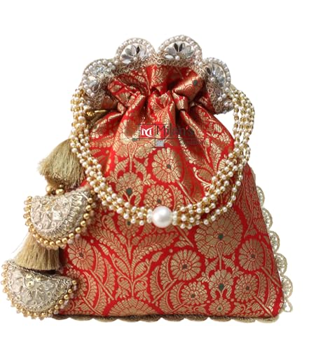 Image of MILAN'S CREATION Pure Banarasi Potli Silk Brocade Bag Purse Drawstring Women's handbag with Pearl Handle & Tassel Weddings