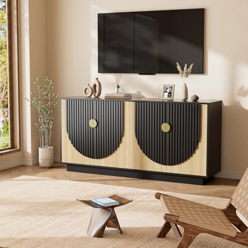 LegacyAmerhome 63'' Large Fluted Sideboard Buffet Cabinet, Modern Entertainment Center with Storage, Console Table Wine Bar Storage Cabinet with 4 Doors for Dining Room, Kitchen(Camel/Black)