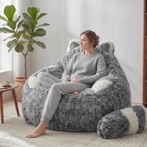 EBENCHICO Giant Bean Bag Chair for Adults Teens, Raccoon Shaped Faux Fur Bean Bag Sofa with Filler, Plush Beanbag Couch with Tail Pillow for Gaming, Reading, Bedroom, Dorm