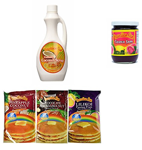 Hawaiian Sun Break Fast Pack-Guava Jam 10 oz, Coconut Syrup 15.75 oz, and 3 Pancake Mixes (Lilikoi, Pineapple Coconut, Chocolate Macadamia 6 oz. each)