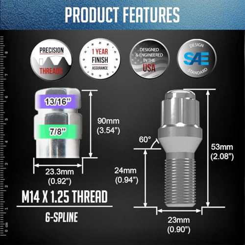 Image of Wheel Accessories Parts 20 Pcs Lug Bolt Set M14 x 1.25 Thread Acorn Seat Lug Bolts Chrome Finish 24mm Shank Length 6 Spline Car fits Mini Cooper