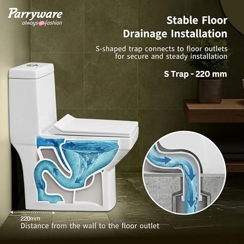 Image of Parryware SUTRA Washdown One-Piece Western Commode | S Trap 220mm One Piece Western Toilet (680 x 360 x 710 mm) / Rim Washdown Flush Commode with Soft Close Toilet Seat Cover (White) | C8965