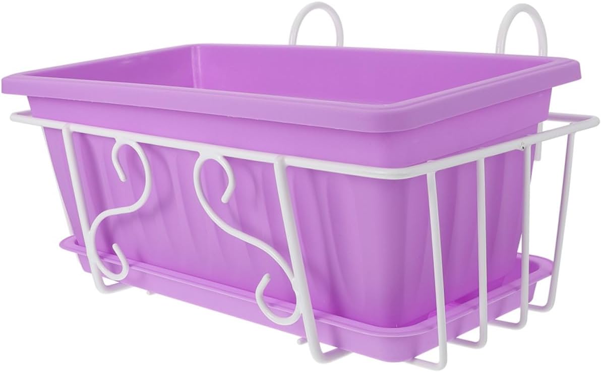 Homoyoyo Rectangular Hanging Window Box Planter with Tray, Medium Herb and Vegetable Plant Container for Outdoor Balcony, Violet Pot with White Metal Frame for Garden and Patio