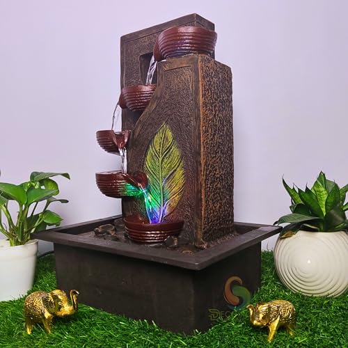 Image of Four Steps Leaf Diya Decorative Table Top Water Fountain for Home Decor /Office /Indoor & Outdoor /Garden /Puja Room /Vaastu with Multicolor LED Light and Adjustable Water Pump