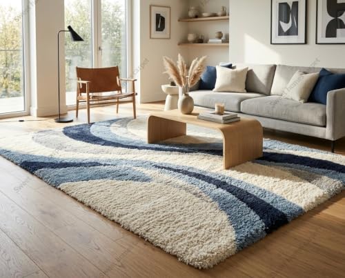 Image of SWEET HOMES Luxury Abstract Shag Rug, Thick Soft Square Area Carpet for Living Room, Bedroom, 11 x 11 Feet (335 x 335 cm), Slate Navy