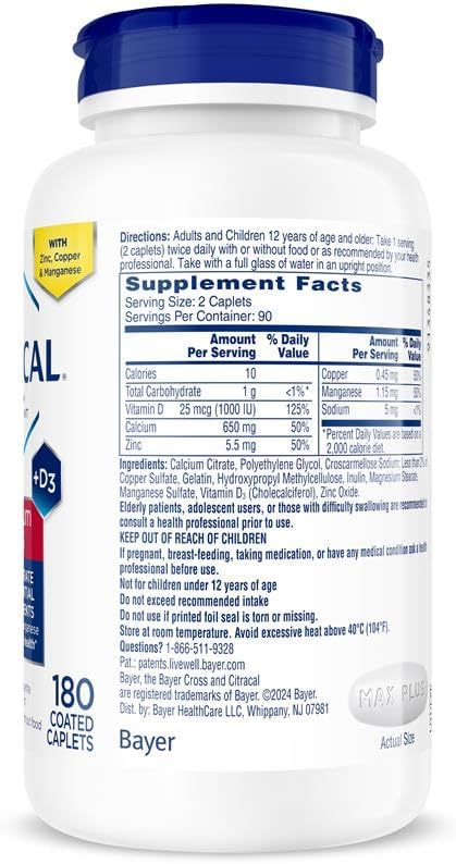 Citracal Maximum Plus Calcium Supplement - Calcium Citrate with Vitamin D3, Zinc, & Essential Minerals for Bone Health Support, Ages 12+, 180 Count (Packaging May Vary) - Image 7