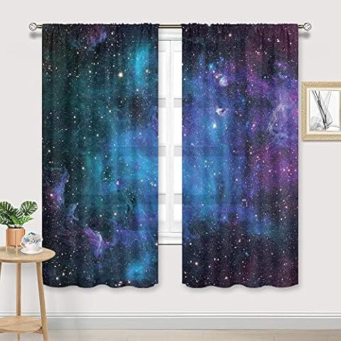 Cinbloo Kids Outer Space Sheer Galaxy Curtains Rod Pocket 41(W) x 62(L) Inch Universe Blue Planet Nebula Fantasy Starry Sky Star Boys Bedroom Decor Living Room Thin Window Drapes Fabric 2 Panels Cover
