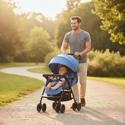 Image of Mothercare Baby Stroller Pram with Safety Harness and Swivel Wheel, Blue | Reclining seat for newborn to 3 years up to 15kg, 5-point harness, 360 swivel wheels, easy-fold, reversible handlebar