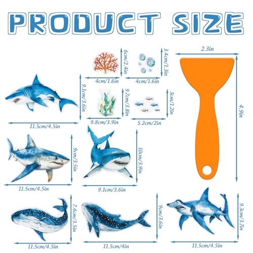JarThenaAMCS 24 Pcs Shark Non Slip Bathtub Sticker with Scraper Ocean Animal Anti Slip Shower Tread Adhesive Marine Life Shower Decal for Bathroom Floor Decoration by JarThenaAMCS - Image 2