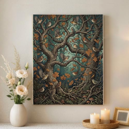 Lienzo decorativo para pared de salón con diseño otoñal rústico y pájaros