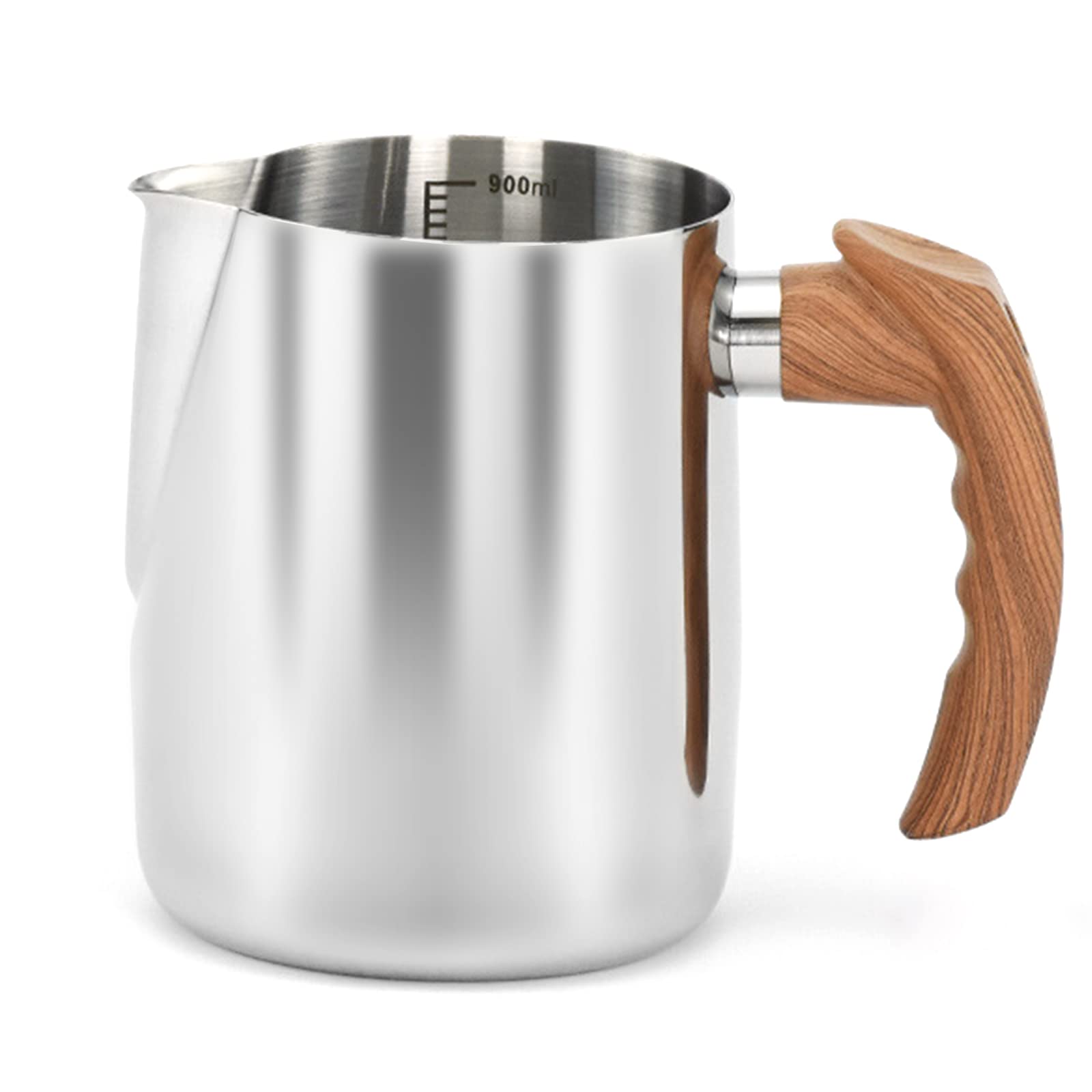 XBLDS 600ML Milk Frothing Pitcher 20oz Wooden Texture Handle Milk Frother Cup with Scale Stainless Steel Jug for Milk Coffee Cappuccino Latte Art