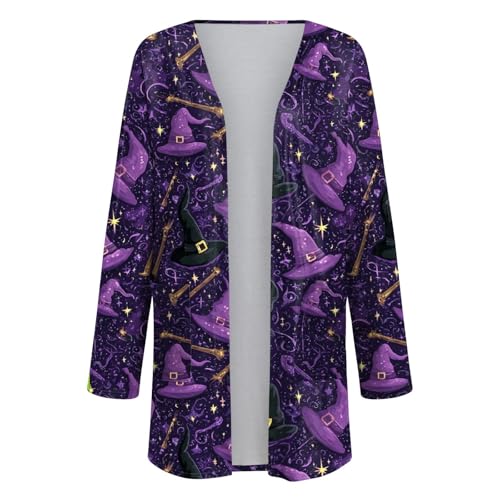 Generisch Cárdigan de Halloween para mujer con estampado de calabaza, cárdigan ligero con patrón colorido | Manta abierta para disfraces y fiestas de otoño, Style_p03purple, M