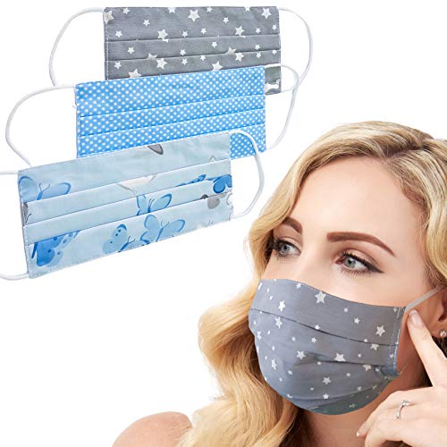 Lilind® 3x Masques faciaux, Tissu Respirant, Fait main, Réutilisable, Lavable 100% coton Bleu-Gris Cover
