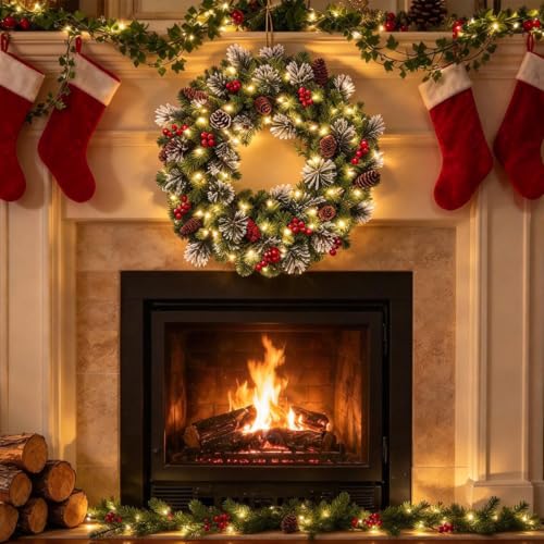 Lighted Artificial Pines Christmas Wreaths for Front Door Decor 11.81in - image 4