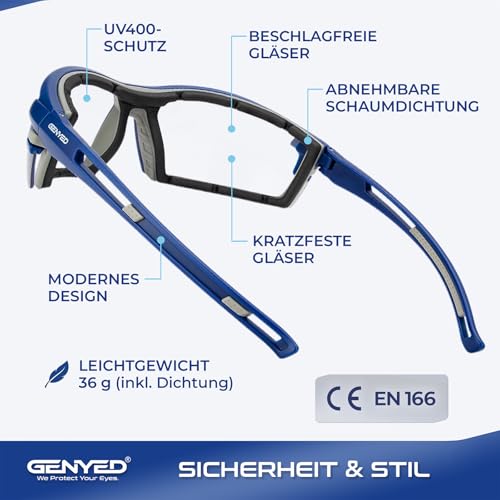GENYED Arbeitsschutzbrille, CE EN166 zertifiziert, Schutzbrille, Anti-Beschlag und Anti-Kratz-Beschichtung, UV400-Gläser, Seitenschutz, Für Männer und Frauen, Arbeitsbrille, Sicherheitsbrille